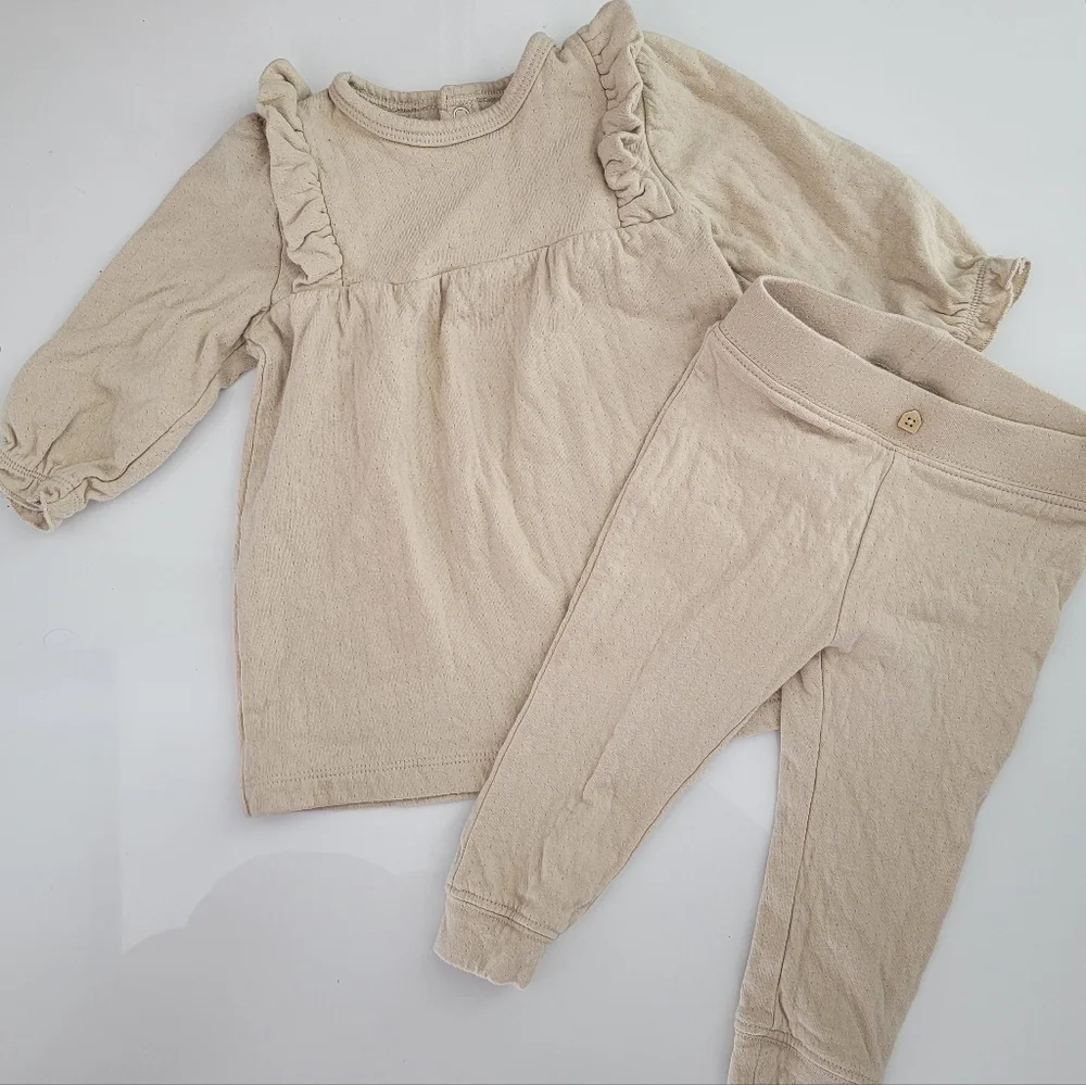 Petite Maison Organic Cotton Ruffle Tunic dress & Leggings Set- Neutral Beige
